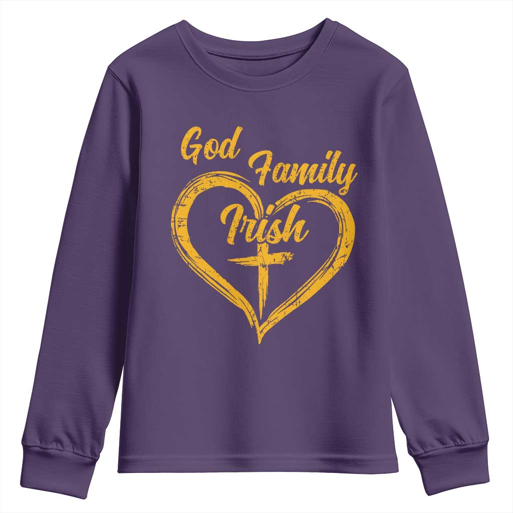 God Family Irish Youth Sweatshirt Vintage Cross In Heart Christian Notre Dame Game Day TS10 Purple Print Your Wear