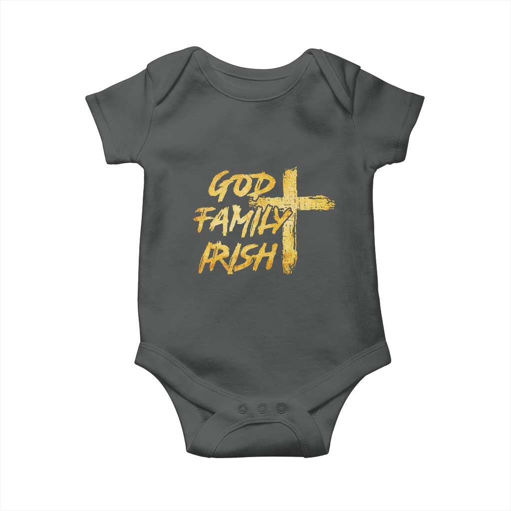 God Family Irish Baby Onesie Christian Faith Cross Notre Dame Game Day TS10 Dark Heather Print Your Wear