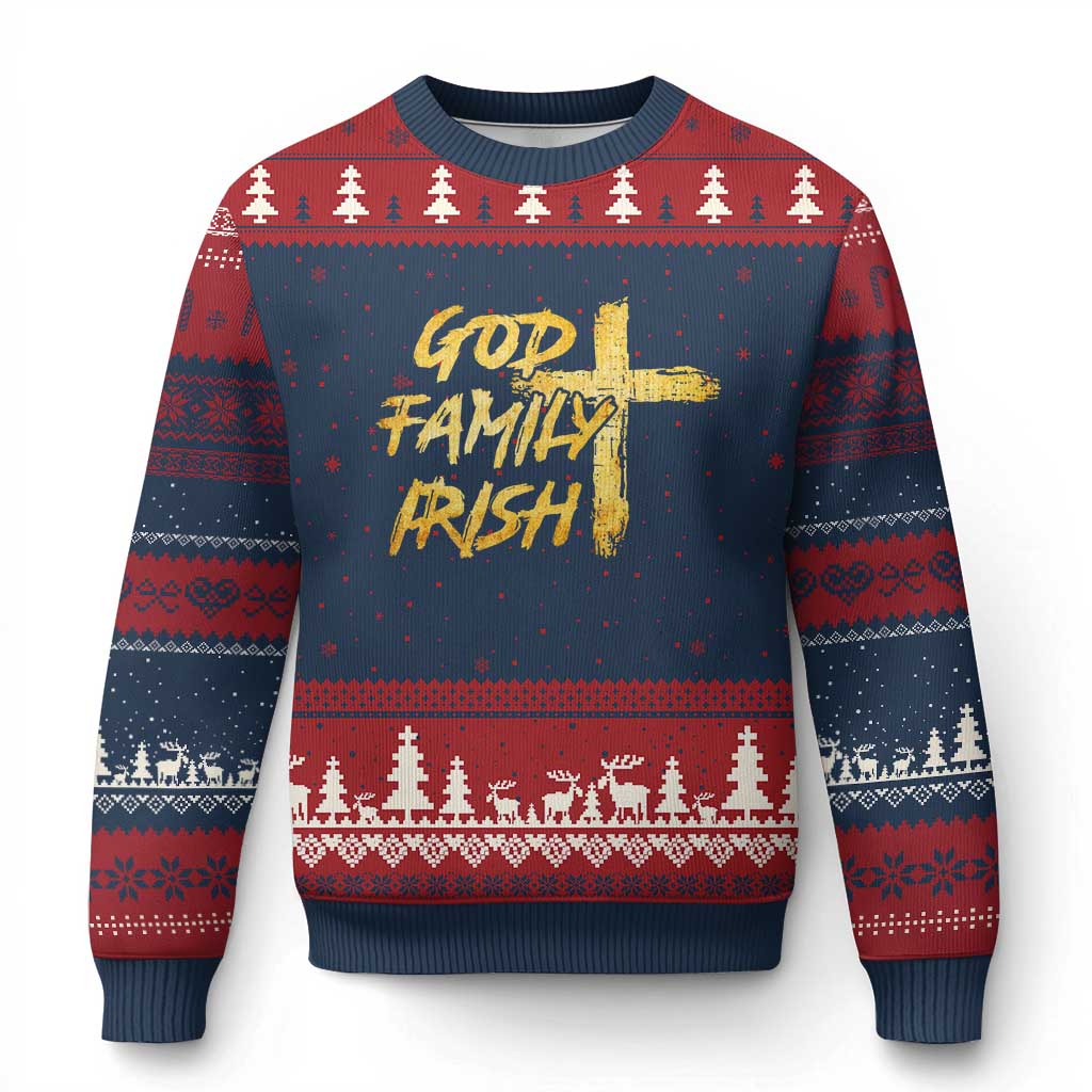 God Family Irish Ugly Christmas Sweater Christian Faith Cross Notre Dame Game Day TS10 Navy Red Print Your Wear