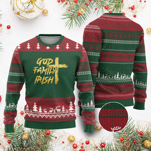 God Family Irish Ugly Christmas Sweater Christian Faith Cross Notre Dame Game Day TS10 Red Green Print Your Wear