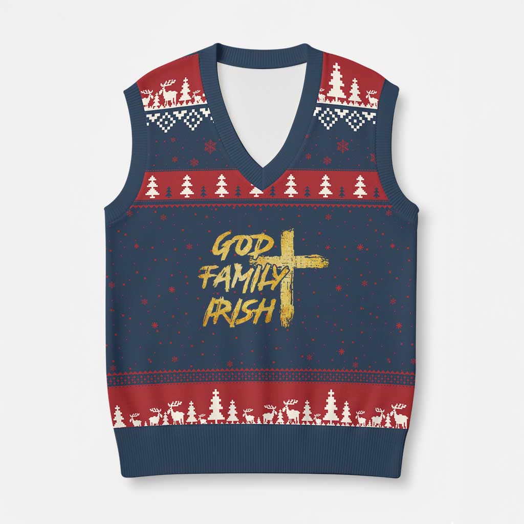 God Family Irish V-Neck Knit Sweater Vest Christian Faith Cross Notre Dame Game Day TS10 Navy Red Print Your Wear