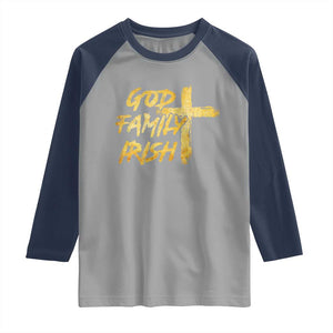 God Family Irish Raglan Shirt Christian Faith Cross Notre Dame Game Day TS10 Sport Gray Navy Print Your Wear