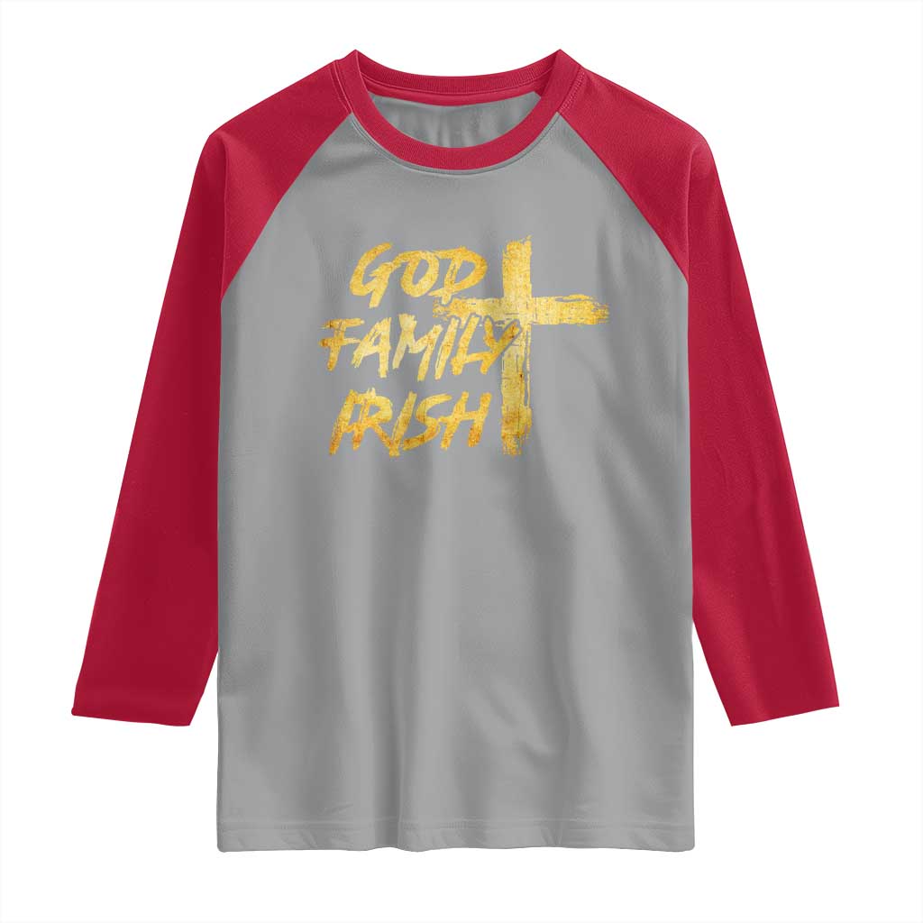 God Family Irish Raglan Shirt Christian Faith Cross Notre Dame Game Day TS10 Sport Gray Red Print Your Wear