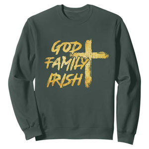God Family Irish Sweatshirt Christian Faith Cross Notre Dame Game Day TS10 Dark Forest Green Print Your Wear