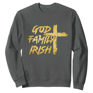 God Family Irish Sweatshirt Christian Faith Cross Notre Dame Game Day TS10 Dark Heather Print Your Wear