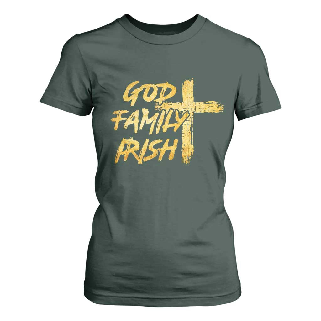 God Family Irish T Shirt For Women Christian Faith Cross Notre Dame Game Day TS10 Dark Forest Green Print Your Wear