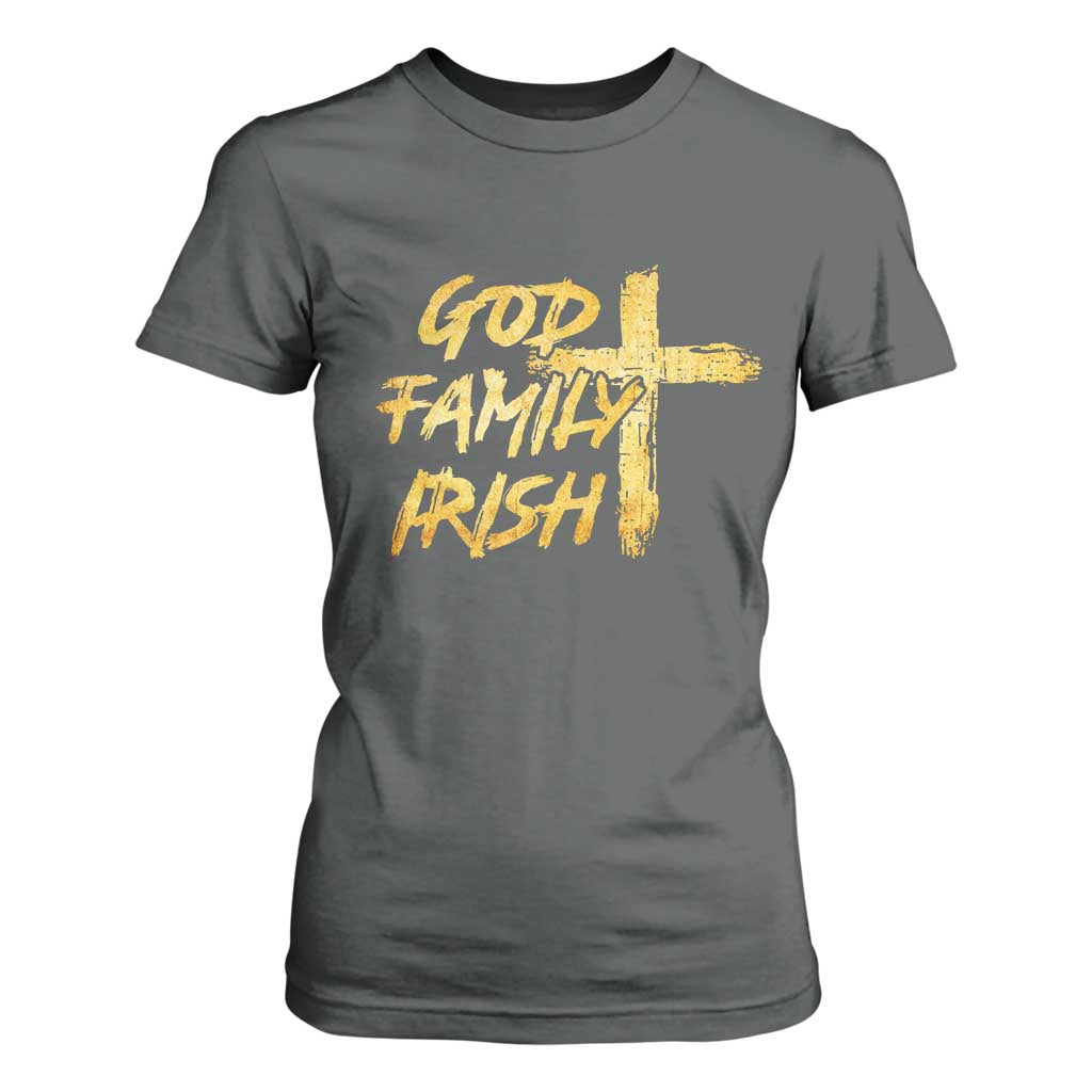God Family Irish T Shirt For Women Christian Faith Cross Notre Dame Game Day TS10 Dark Heather Print Your Wear
