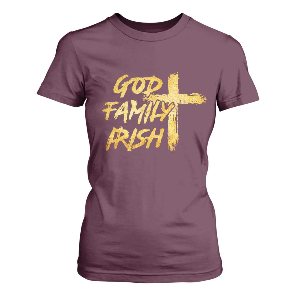 God Family Irish T Shirt For Women Christian Faith Cross Notre Dame Game Day TS10 Maroon Print Your Wear