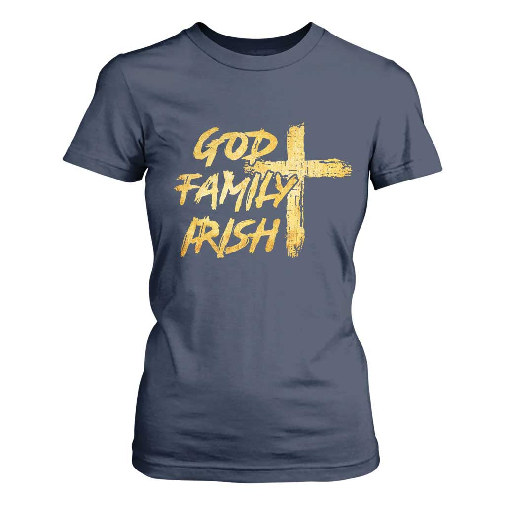 God Family Irish T Shirt For Women Christian Faith Cross Notre Dame Game Day TS10 Navy Print Your Wear