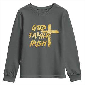 God Family Irish Youth Sweatshirt Christian Faith Cross Notre Dame Game Day TS10 Dark Heather Print Your Wear