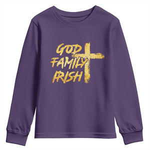 God Family Irish Youth Sweatshirt Christian Faith Cross Notre Dame Game Day TS10 Purple Print Your Wear