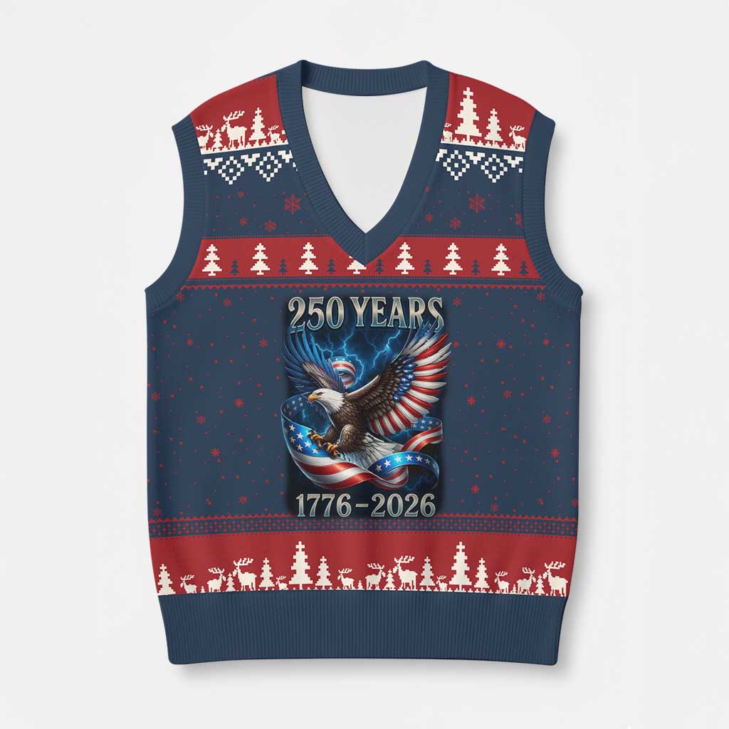 250 Years America V-Neck Knit Sweater Vest Eagle and Flag 250th Anniversary USA Patriotic 1776 2026 TS10 Navy Red Print Your Wear
