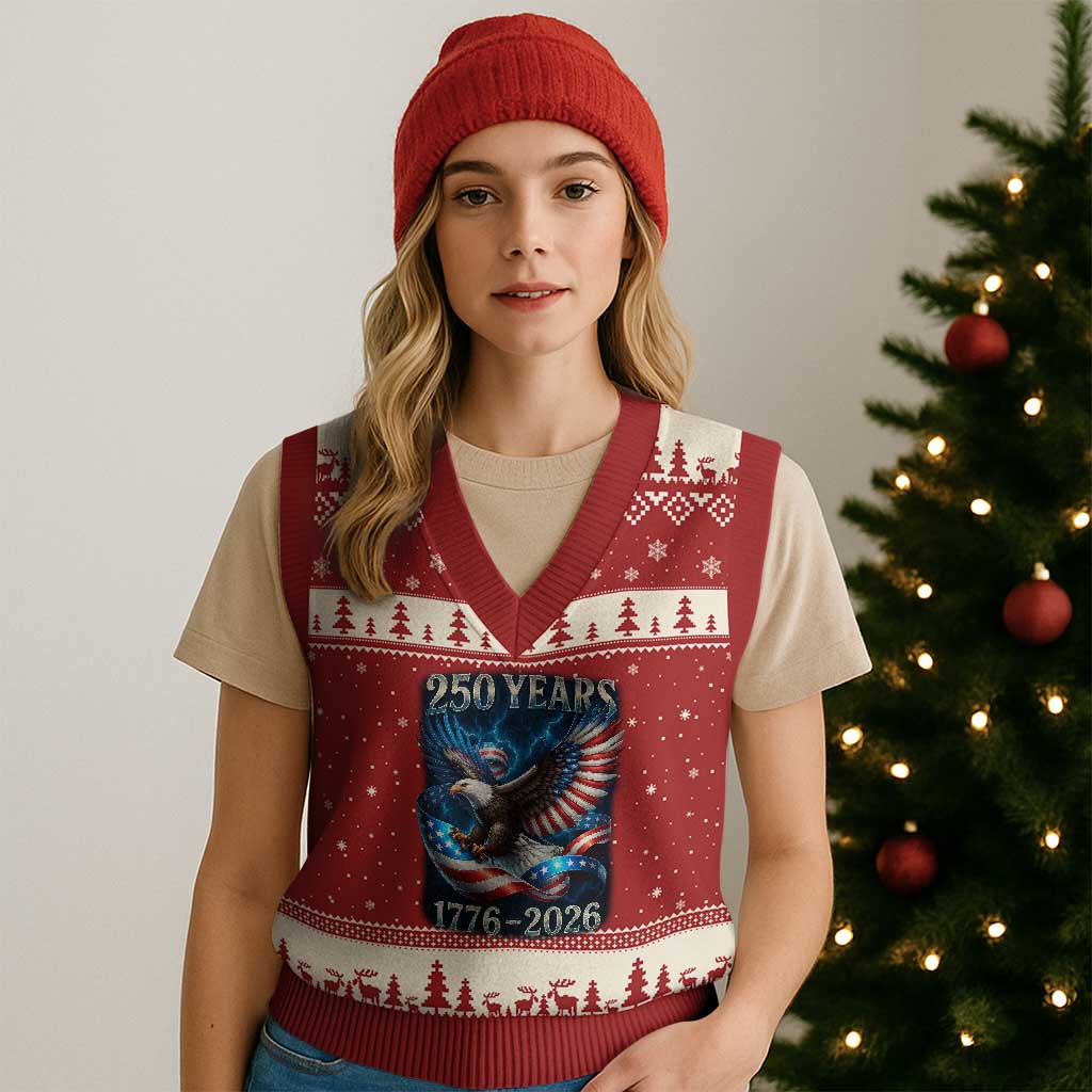 250 Years America V-Neck Knit Sweater Vest Eagle and Flag 250th Anniversary USA Patriotic 1776 2026 TS10 Red Beige Print Your Wear