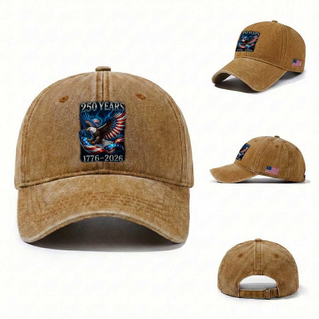 250 Years America Washed Cotton Baseball Cap Eagle and Flag 250th Anniversary USA Patriotic 1776 2026 TS10 Washed Cap Universal Fit Yellow Ochre Print Your Wear