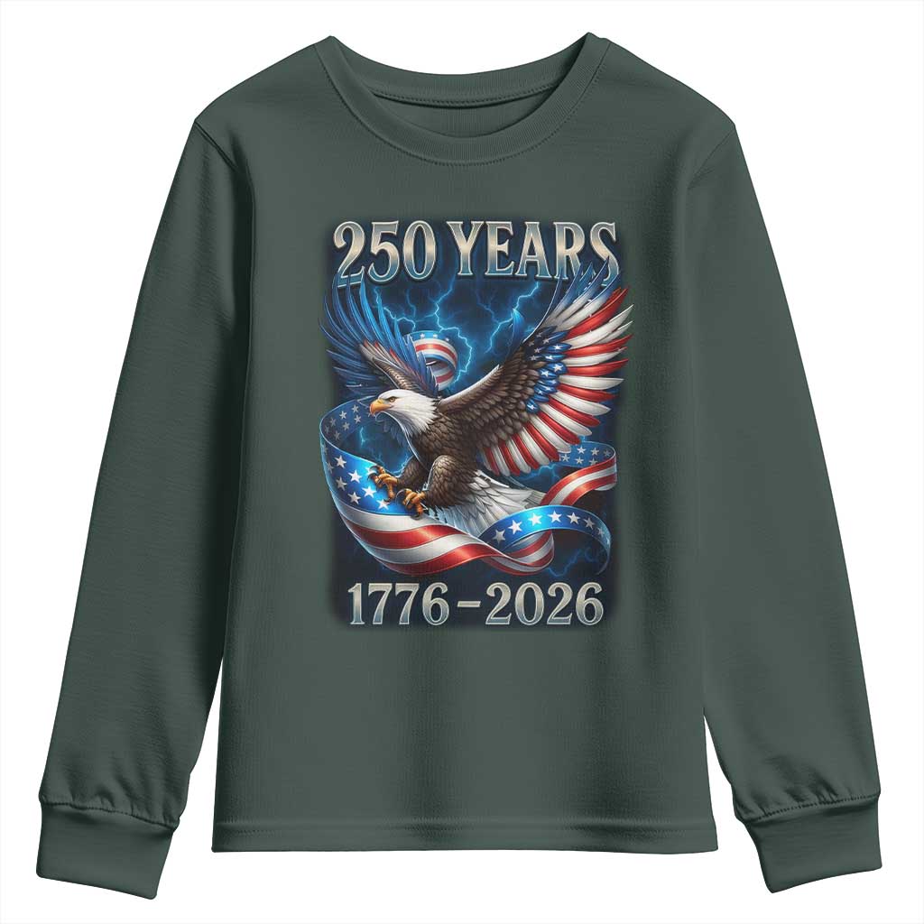 250 Years America Youth Sweatshirt Eagle and Flag 250th Anniversary USA Patriotic 1776 2026 TS10 Dark Forest Green Print Your Wear