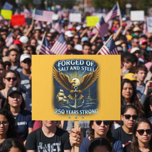 Navy Veteran 250th Anniversary Protest Sign Forged of Salt and Steel US Naval Ships 250th Anniversary TS10 Horizontal 18" × 24" Yellow Print Your Wear