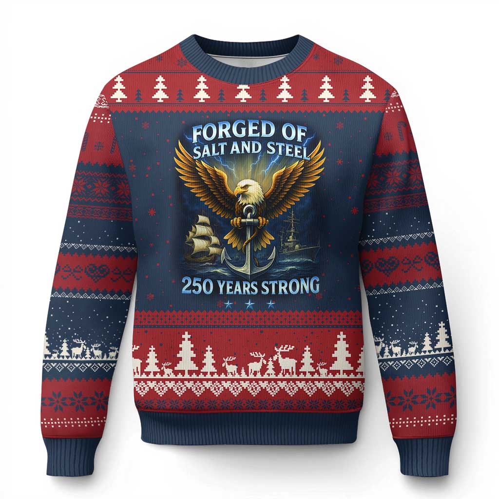 Navy Veteran 250th Anniversary Ugly Christmas Sweater Forged of Salt and Steel US Naval Ships 250th Anniversary TS10 Navy Red Print Your Wear