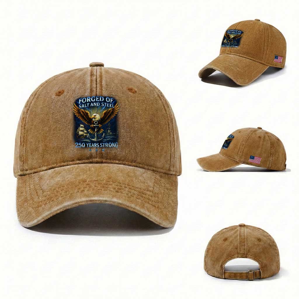 Navy Veteran 250th Anniversary Washed Cotton Baseball Cap Forged of Salt and Steel US Naval Ships 250th Anniversary TS10 Washed Cap Universal Fit Yellow Ochre Print Your Wear