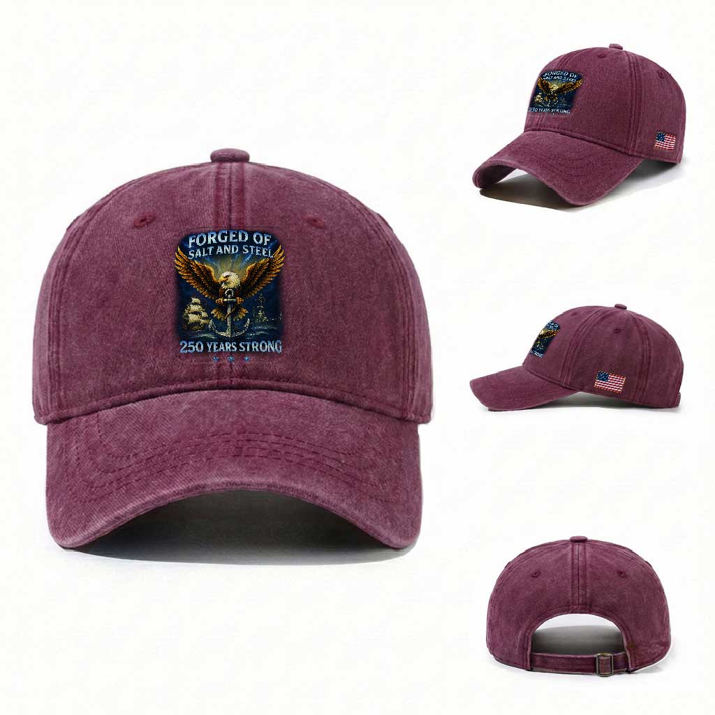 Navy Veteran 250th Anniversary Washed Cotton Baseball Cap Forged of Salt and Steel US Naval Ships 250th Anniversary TS10 Washed Cap Universal Fit Burgundy Print Your Wear