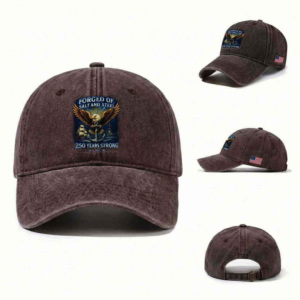 Navy Veteran 250th Anniversary Washed Cotton Baseball Cap Forged of Salt and Steel US Naval Ships 250th Anniversary TS10 Washed Cap Universal Fit Dark Brown Print Your Wear
