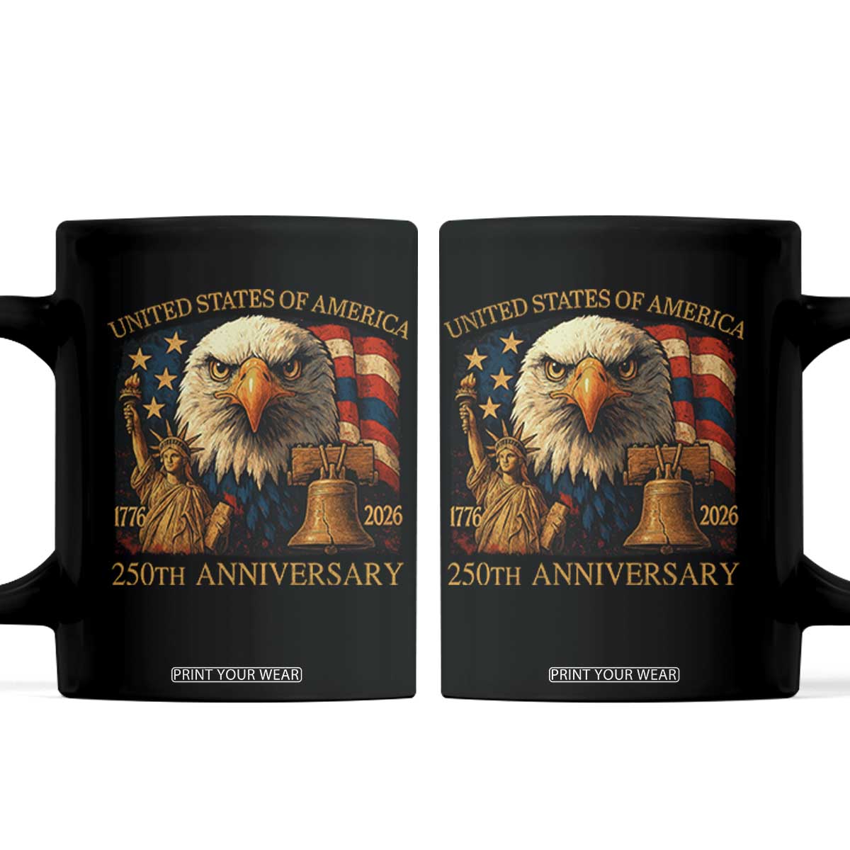 US 250th Anniversary Coffee Mug Retro Bald Eagle American Flag Patriotic Veterans TS10 Black Print Your Wear