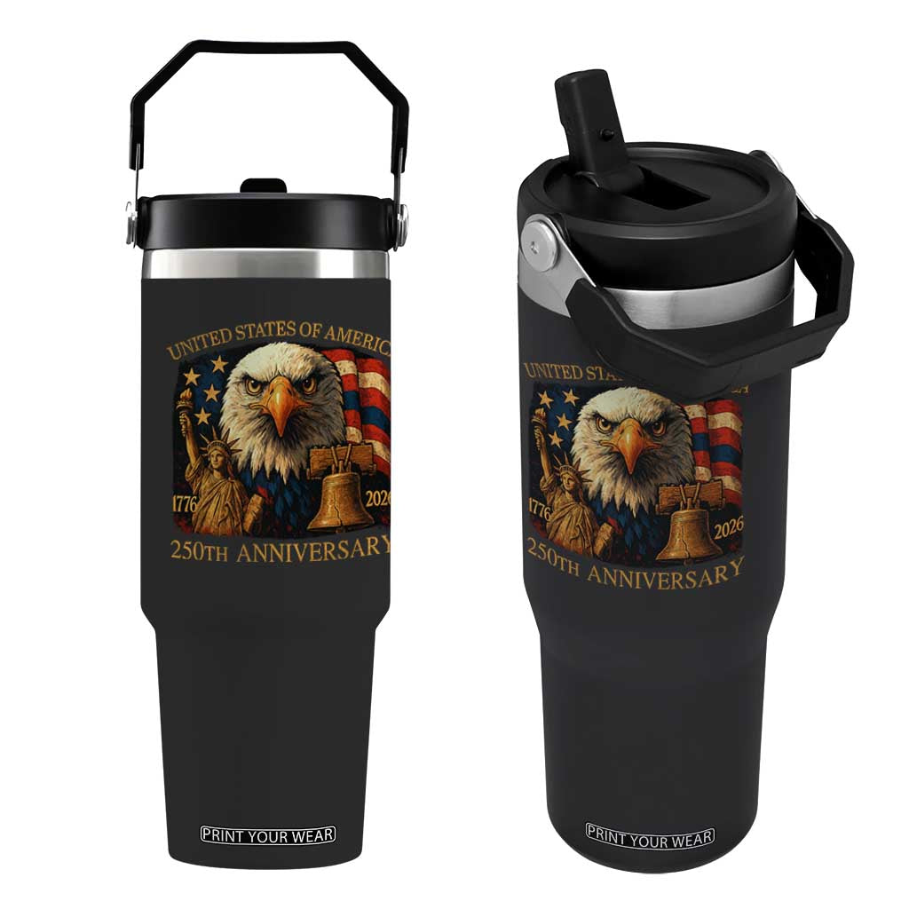US 250th Anniversary Flip Straw Tumbler Retro Bald Eagle American Flag Patriotic Veterans TS10 One Size: 30 oz Black Print Your Wear