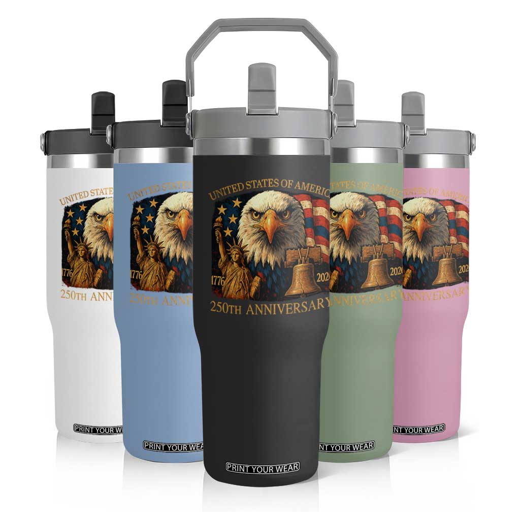 US 250th Anniversary Flip Straw Tumbler Retro Bald Eagle American Flag Patriotic Veterans TS10 Print Your Wear