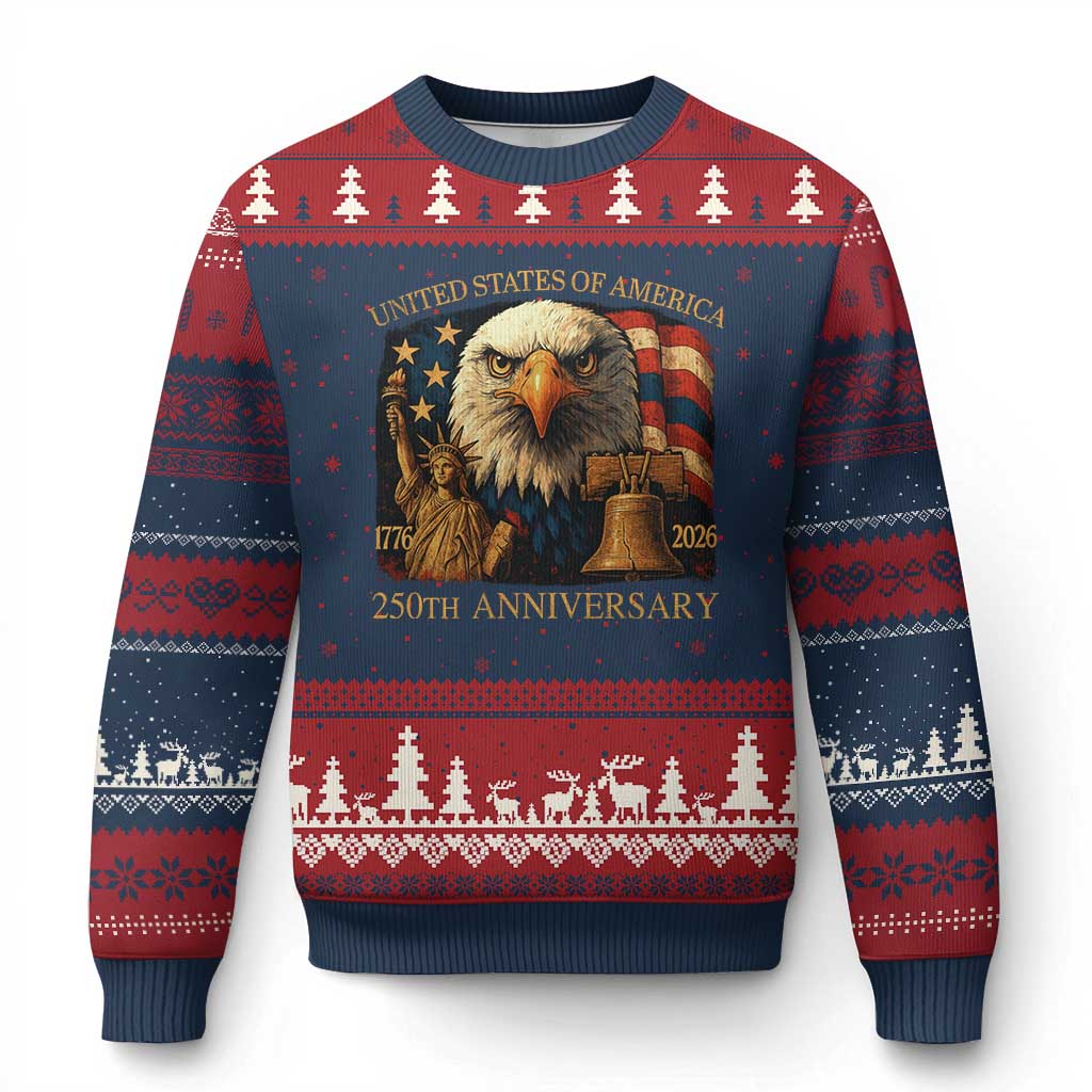 US 250th Anniversary Ugly Christmas Sweater Retro Bald Eagle American Flag Patriotic Veterans TS10 Navy Red Print Your Wear