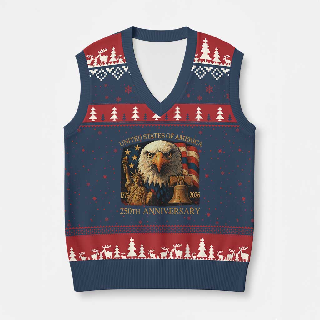 US 250th Anniversary V-Neck Knit Sweater Vest Retro Bald Eagle American Flag Patriotic Veterans TS10 Navy Red Print Your Wear