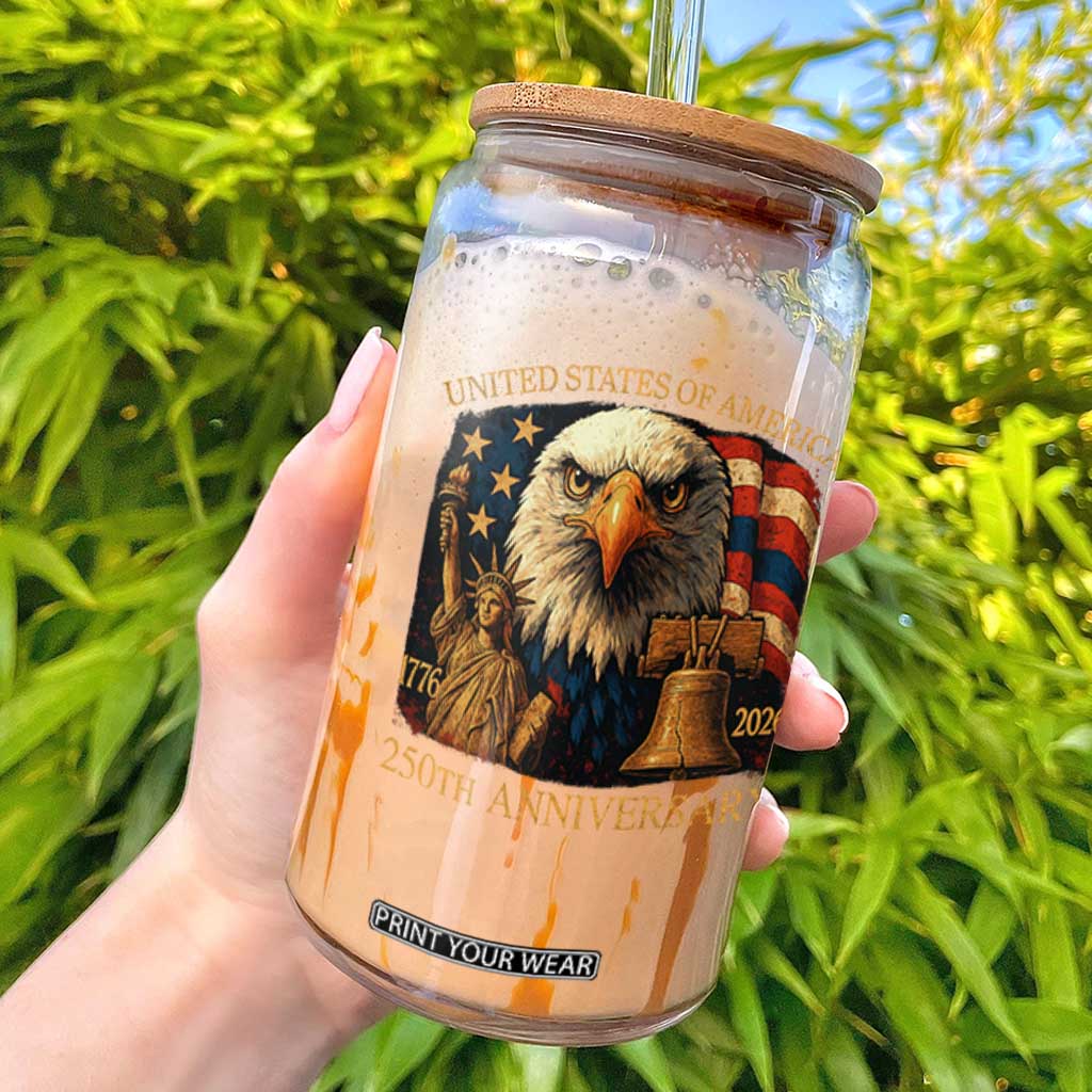 US 250th Anniversary Glass Can Retro Bald Eagle American Flag Patriotic Veterans TS10 Black Print Your Wear