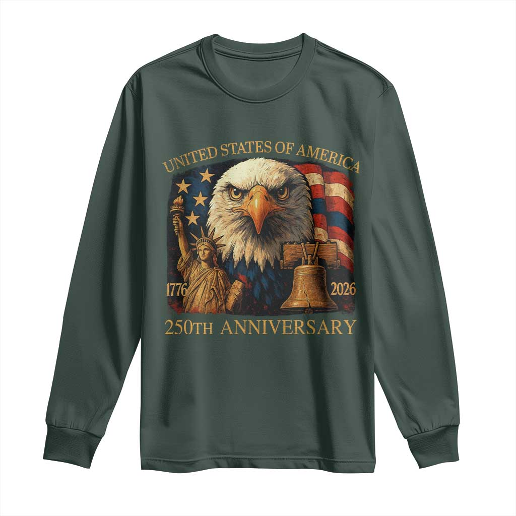 US 250th Anniversary Long Sleeve Shirt Retro Bald Eagle American Flag Patriotic Veterans TS10 Dark Forest Green Print Your Wear