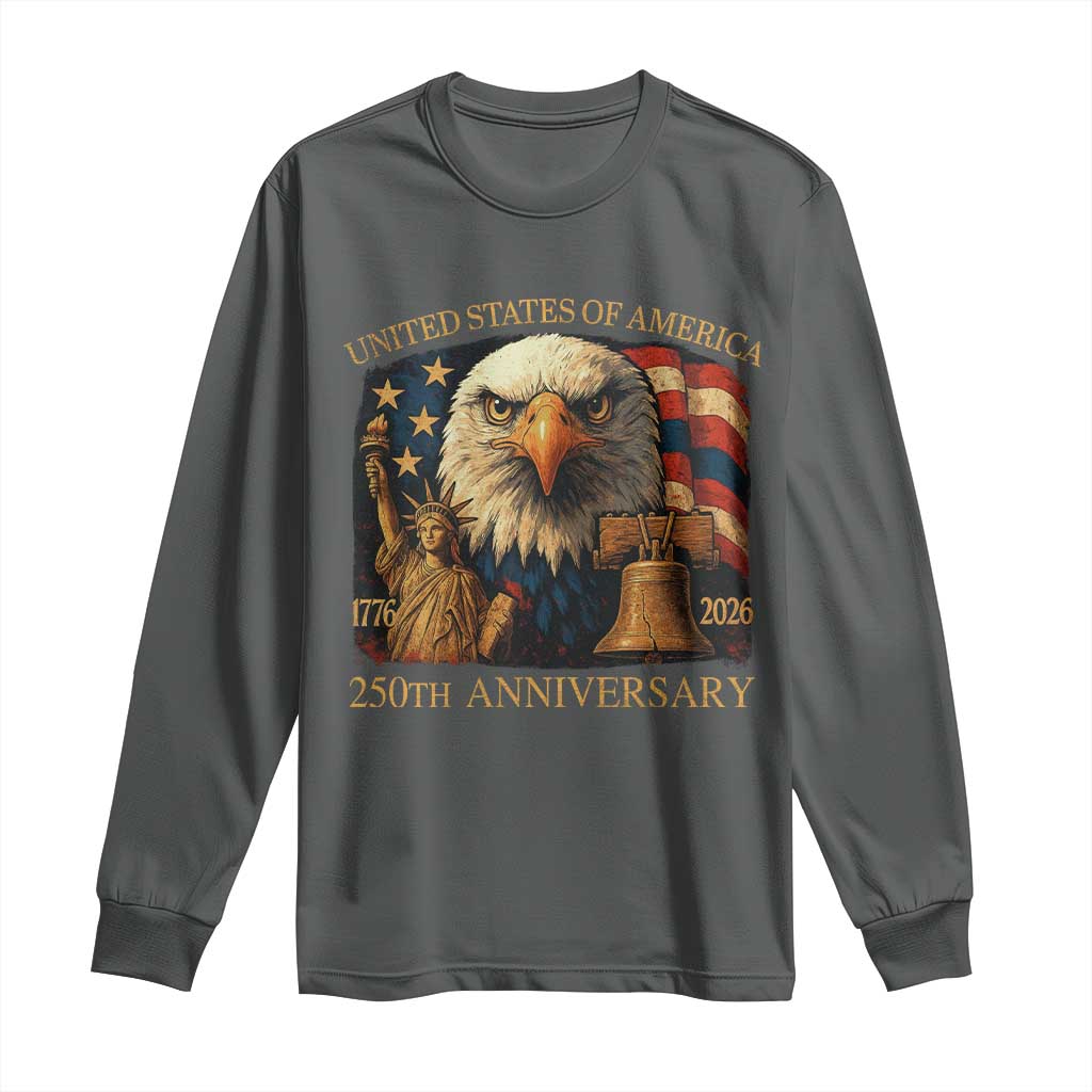 US 250th Anniversary Long Sleeve Shirt Retro Bald Eagle American Flag Patriotic Veterans TS10 Dark Heather Print Your Wear