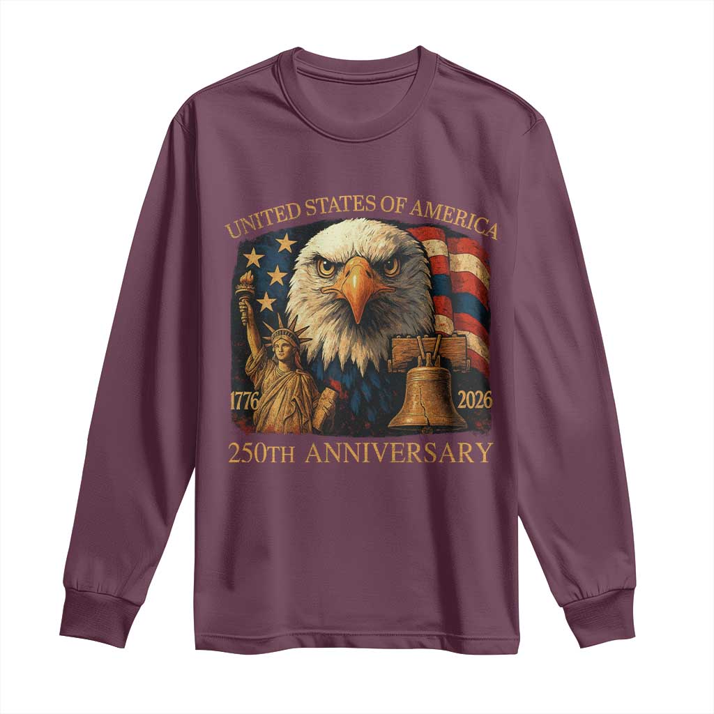US 250th Anniversary Long Sleeve Shirt Retro Bald Eagle American Flag Patriotic Veterans TS10 Maroon Print Your Wear