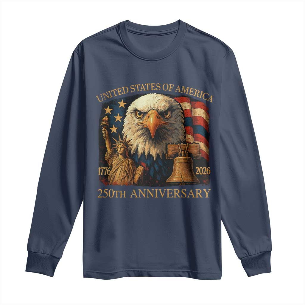 US 250th Anniversary Long Sleeve Shirt Retro Bald Eagle American Flag Patriotic Veterans TS10 Navy Print Your Wear