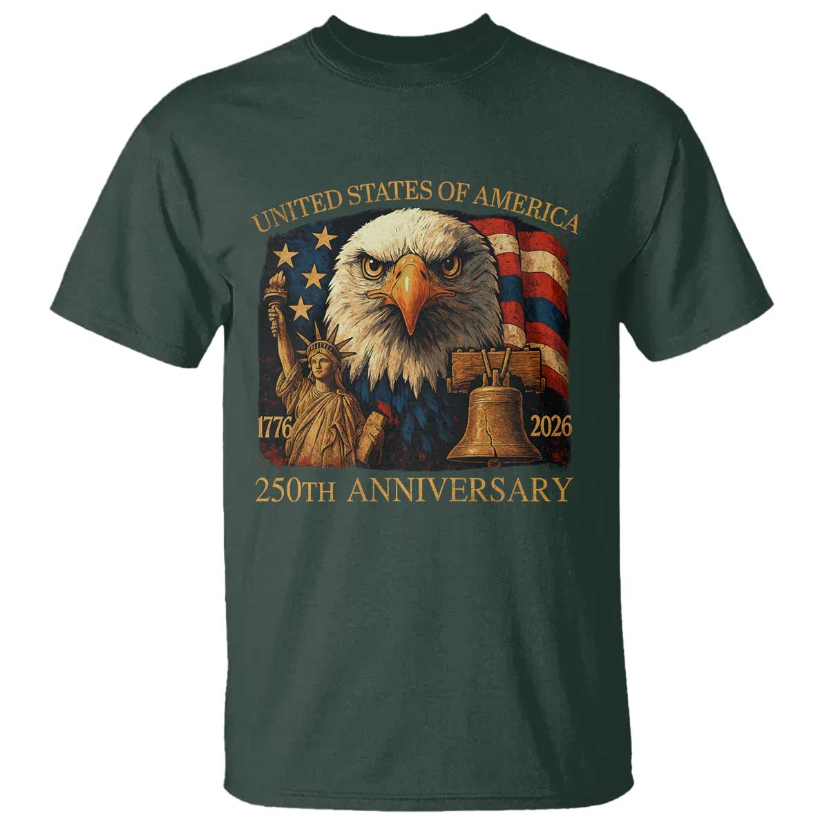 US 250th Anniversary T Shirt Retro Bald Eagle American Flag Patriotic Veterans TS10 Dark Forest Green Print Your Wear