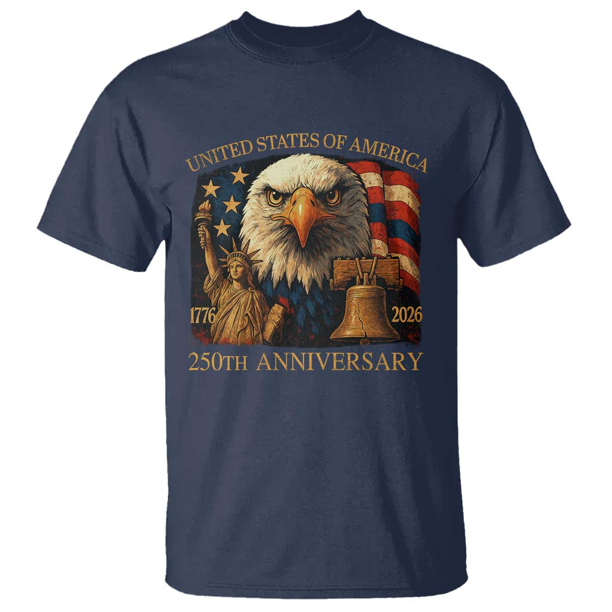 US 250th Anniversary T Shirt Retro Bald Eagle American Flag Patriotic Veterans TS10 Navy Print Your Wear