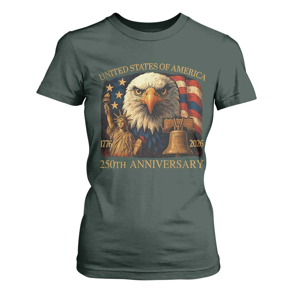 US 250th Anniversary T Shirt For Women Retro Bald Eagle American Flag Patriotic Veterans TS10 Dark Forest Green Print Your Wear