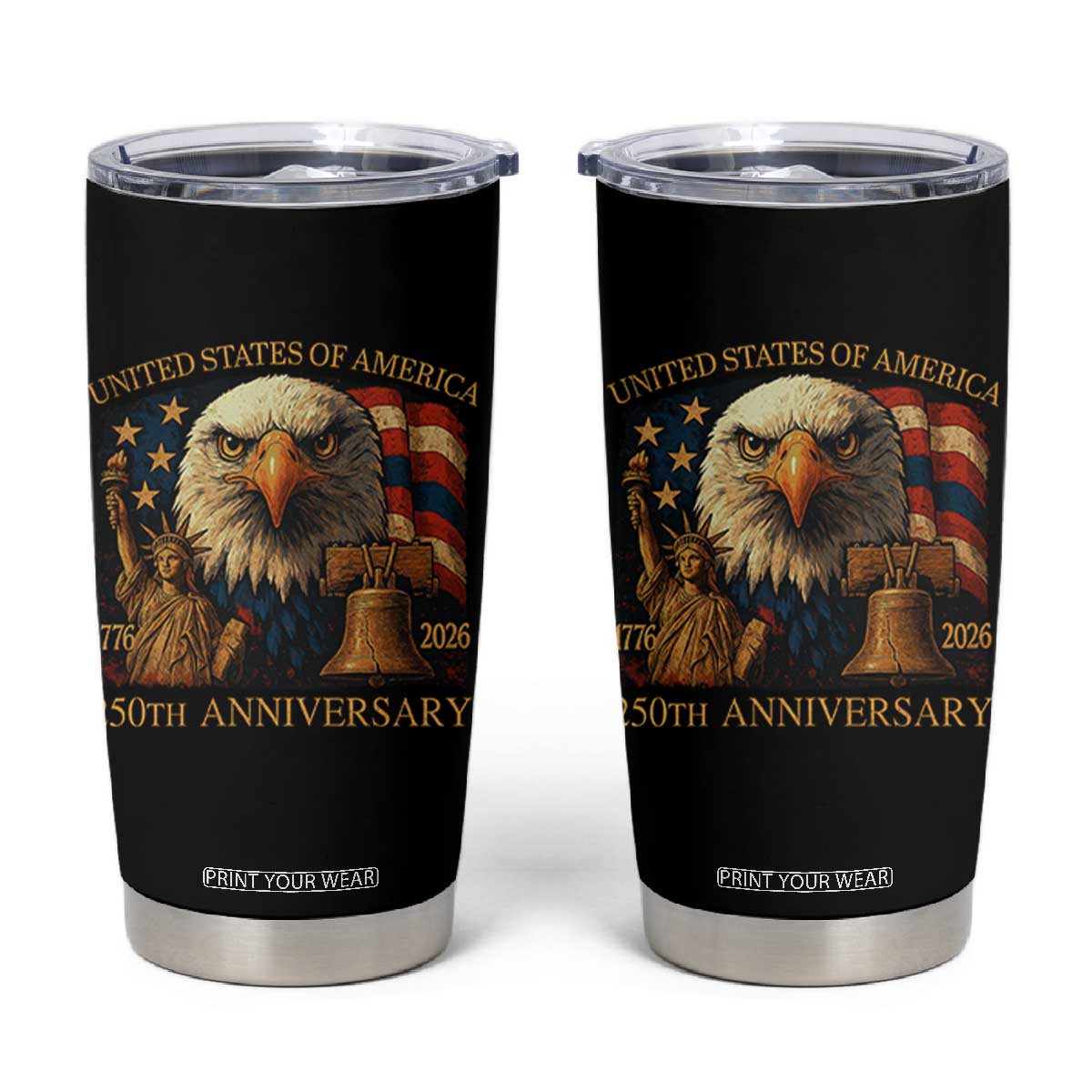 US 250th Anniversary Tumbler Cup Retro Bald Eagle American Flag Patriotic Veterans TS10 Black Print Your Wear