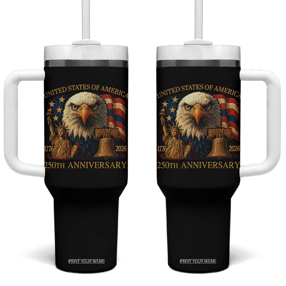 US 250th Anniversary Tumbler With Handle Retro Bald Eagle American Flag Patriotic Veterans TS10 One Size: 40 oz Black Print Your Wear