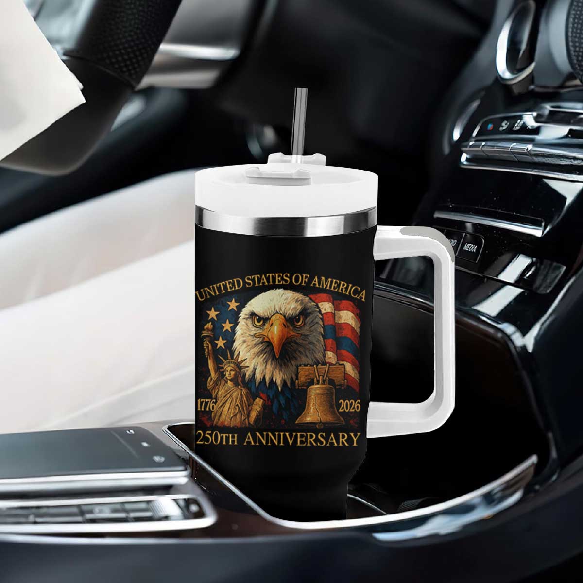 US 250th Anniversary Tumbler With Handle Retro Bald Eagle American Flag Patriotic Veterans TS10 Print Your Wear