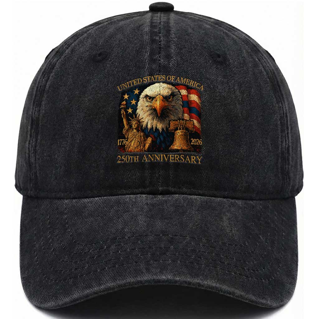 US 250th Anniversary Washed Cotton Baseball Cap Retro Bald Eagle American Flag Patriotic Veterans TS10 Washed Cap Universal Fit Black Print Your Wear