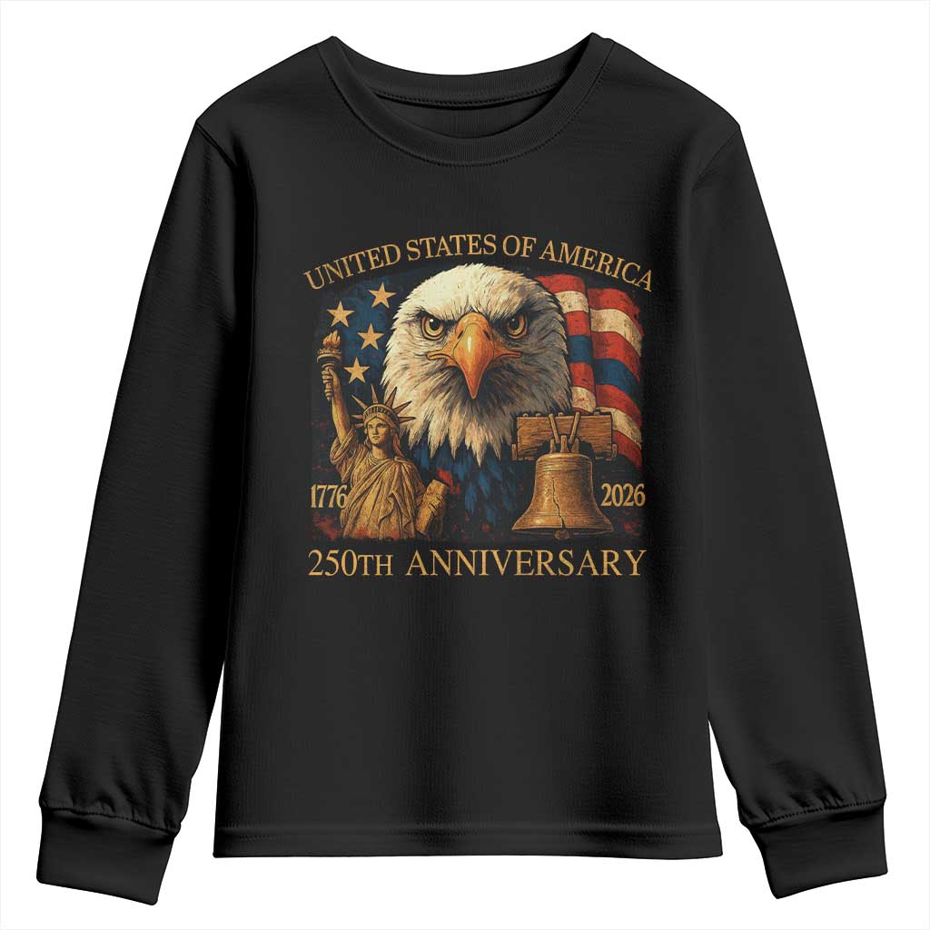 US 250th Anniversary Youth Sweatshirt Retro Bald Eagle American Flag Patriotic Veterans TS10 Black Print Your Wear
