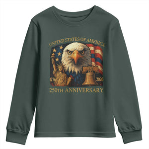 US 250th Anniversary Youth Sweatshirt Retro Bald Eagle American Flag Patriotic Veterans TS10 Dark Forest Green Print Your Wear