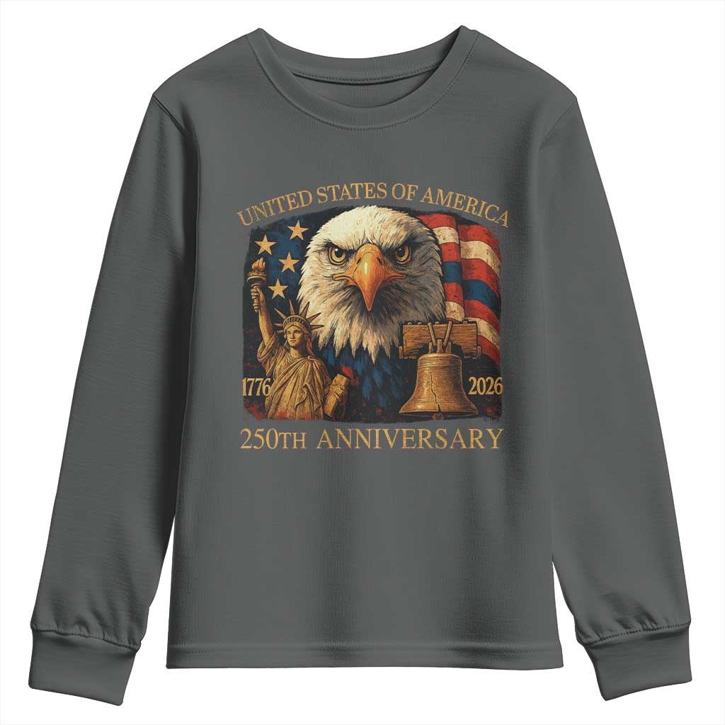 US 250th Anniversary Youth Sweatshirt Retro Bald Eagle American Flag Patriotic Veterans TS10 Dark Heather Print Your Wear