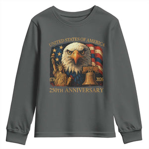 US 250th Anniversary Youth Sweatshirt Retro Bald Eagle American Flag Patriotic Veterans TS10 Dark Heather Print Your Wear