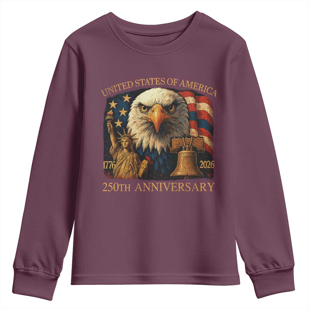 US 250th Anniversary Youth Sweatshirt Retro Bald Eagle American Flag Patriotic Veterans TS10 Maroon Print Your Wear