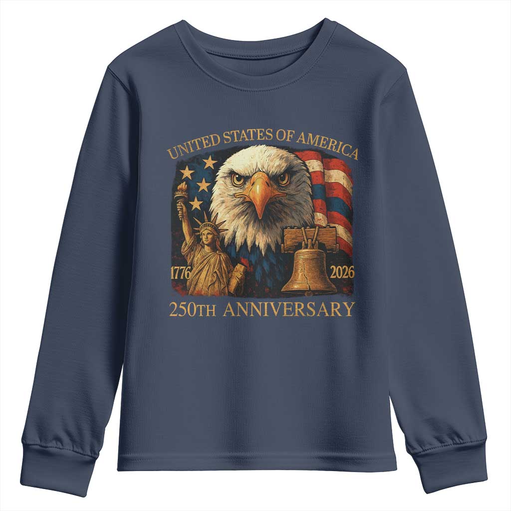 US 250th Anniversary Youth Sweatshirt Retro Bald Eagle American Flag Patriotic Veterans TS10 Navy Print Your Wear