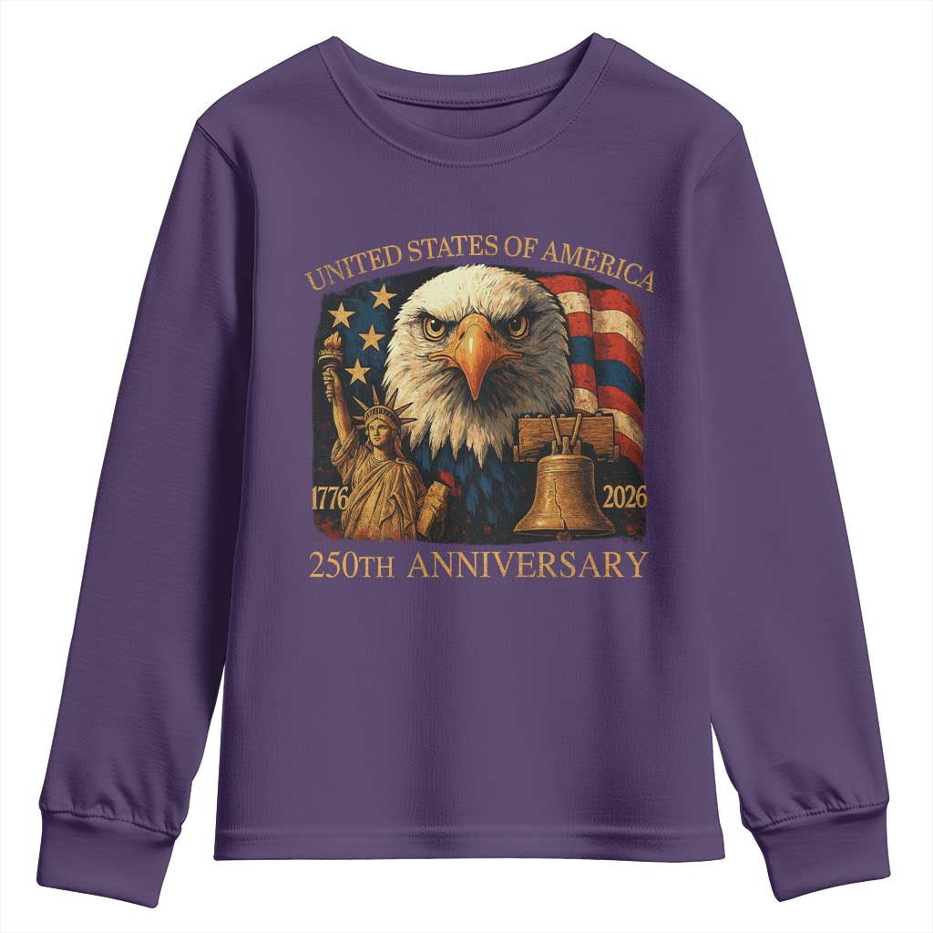US 250th Anniversary Youth Sweatshirt Retro Bald Eagle American Flag Patriotic Veterans TS10 Purple Print Your Wear