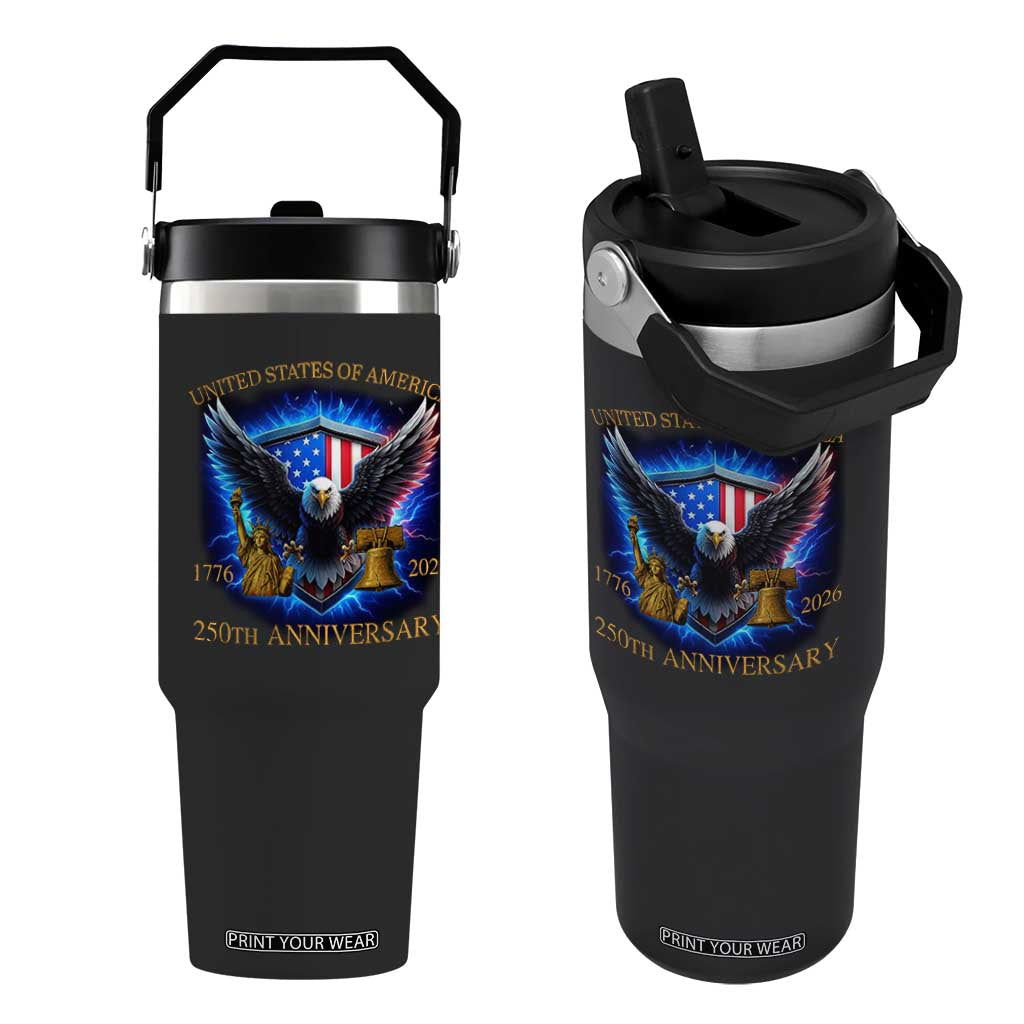 250 Years America Flag Flip Straw Tumbler Eagle 250th Anniversary USA Patriotic 1776 2026 TS10 One Size: 30 oz Black Print Your Wear