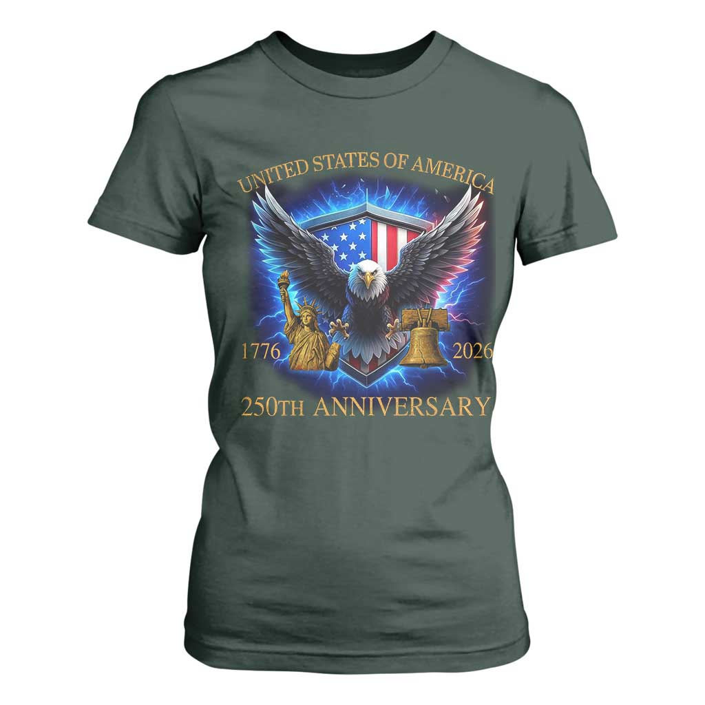 250 Years America Flag T Shirt For Women Eagle 250th Anniversary USA Patriotic 1776 2026 TS10 Dark Forest Green Print Your Wear